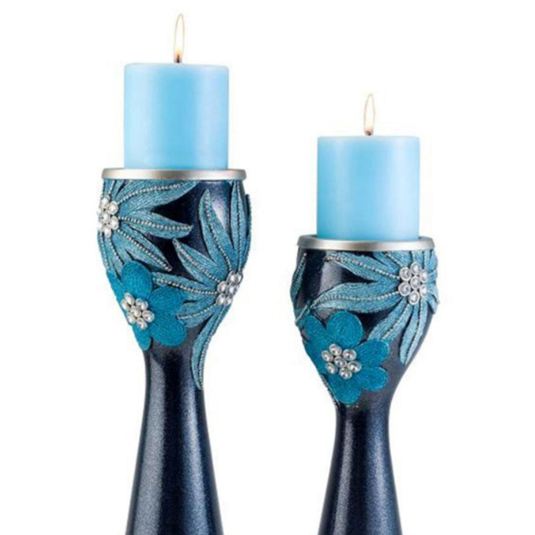 14" And 16" Tall Polyresin" Demeter" Candleholder, Aqua Finish Set Of 2 Blue Polyresin