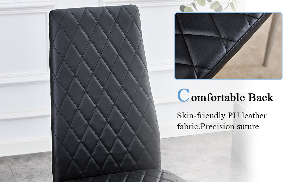 Table And Chair Set.A Rectangular Dining Table Features With Tempered Glass Top And Sleek Black Mdf Stand.Paried With 6 Pu Chairs With Checkered Armless High Back And Electroplated Metal Legs. Black,Transparent Seats 6 Mdf Glass