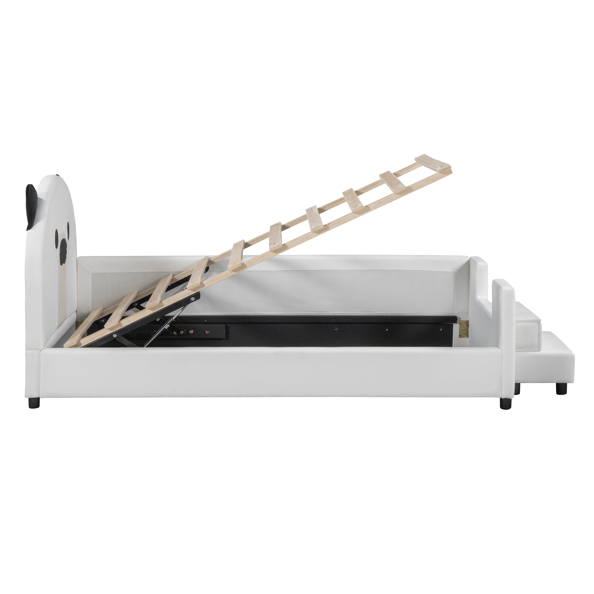 Twin Size Upholstered Daybed With Bear Shaped Headboard, Hydraulic System Andmesh Fence, White White Velvet