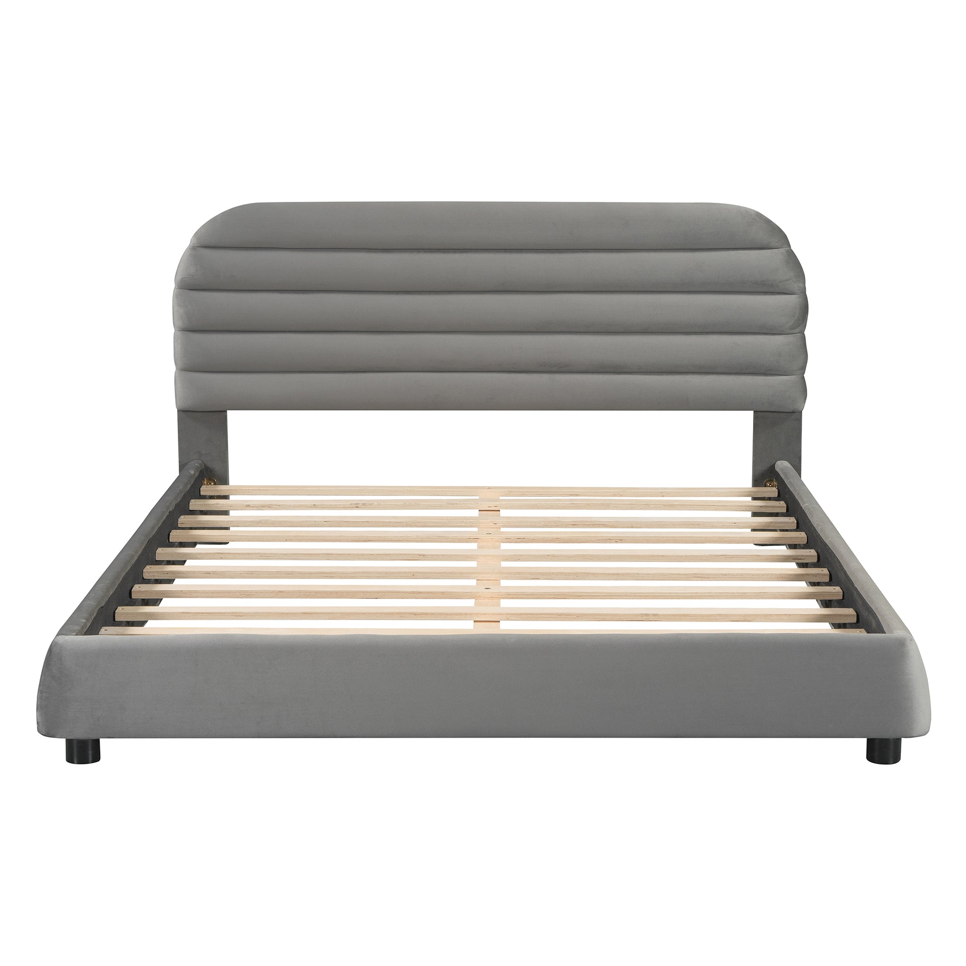 Queen Size Velvet Upholstered Platform Bed,Solid Frame And Stylish Curve Shaped Design, Gray Queen Gray Velvet