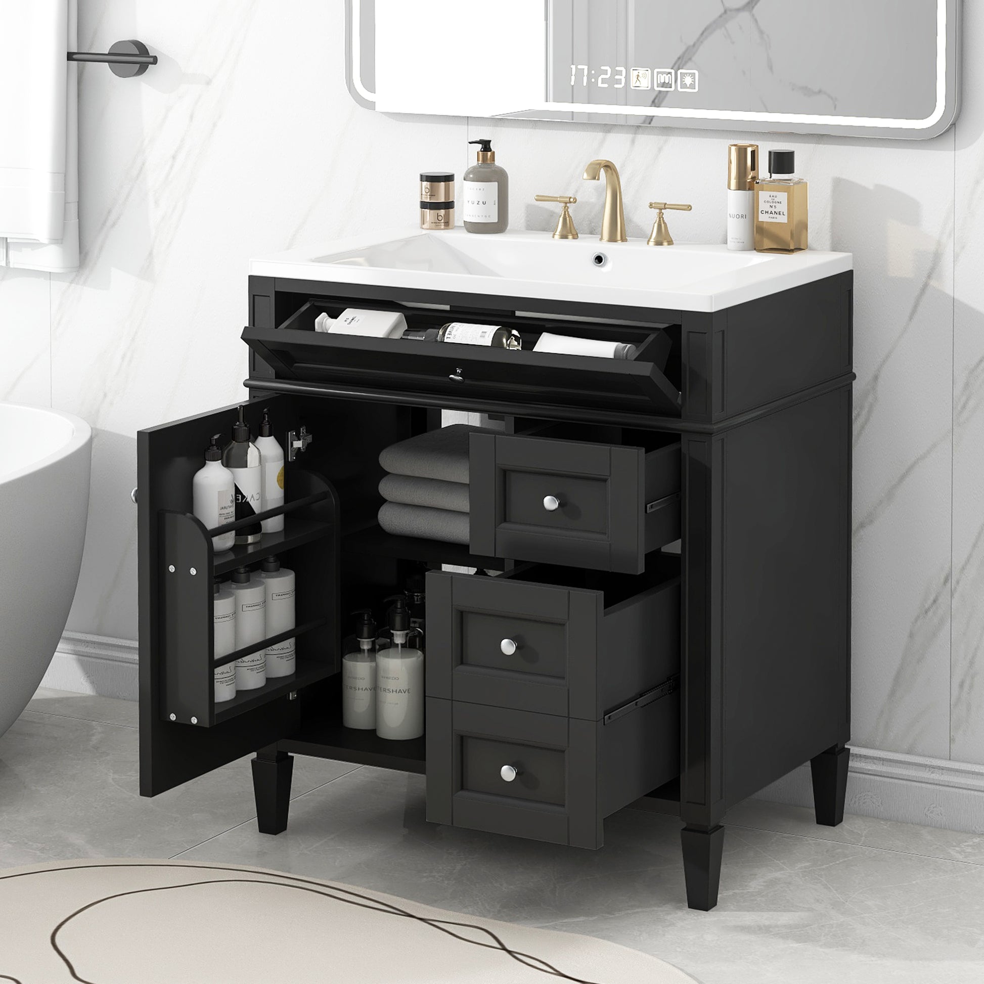 30'' Bathroom Vanity With Top Sink, Modern Bathroom Storage Cabinet With 2 Drawers And A Tip Out Drawer, Single Sink Bathroom Vanity Black Bathroom Solid Wood Mdf