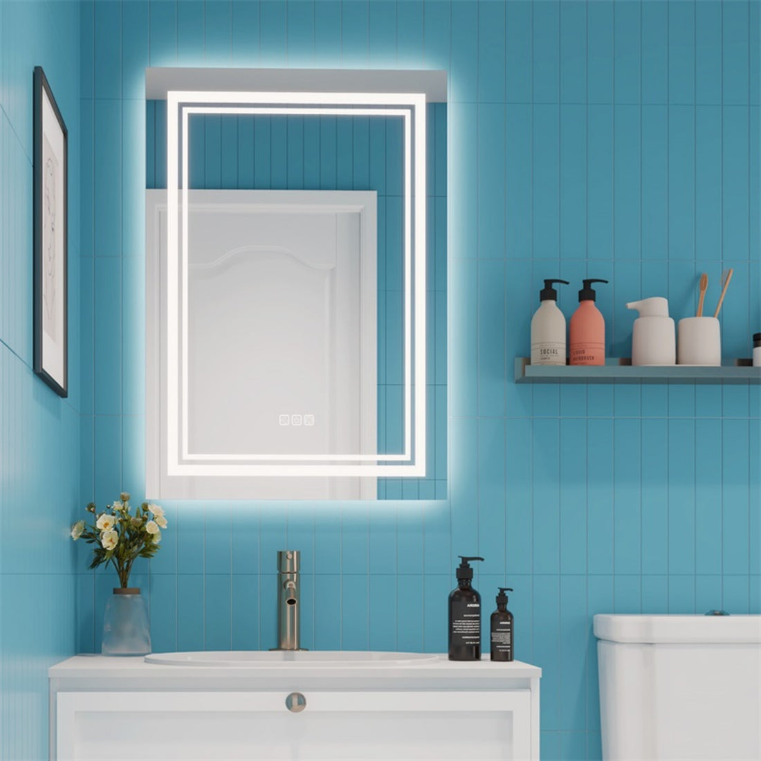 Led Bathroom Mirror 32" X 24" Front And Backlight, 5 Mins Defog, 5Mm Full Hd Reflected Wall Mounted Vanity Mirror, 3 Colors Stepless Dimmable, Cri90 , Memory Function Plug In Hardwire Silver Glass