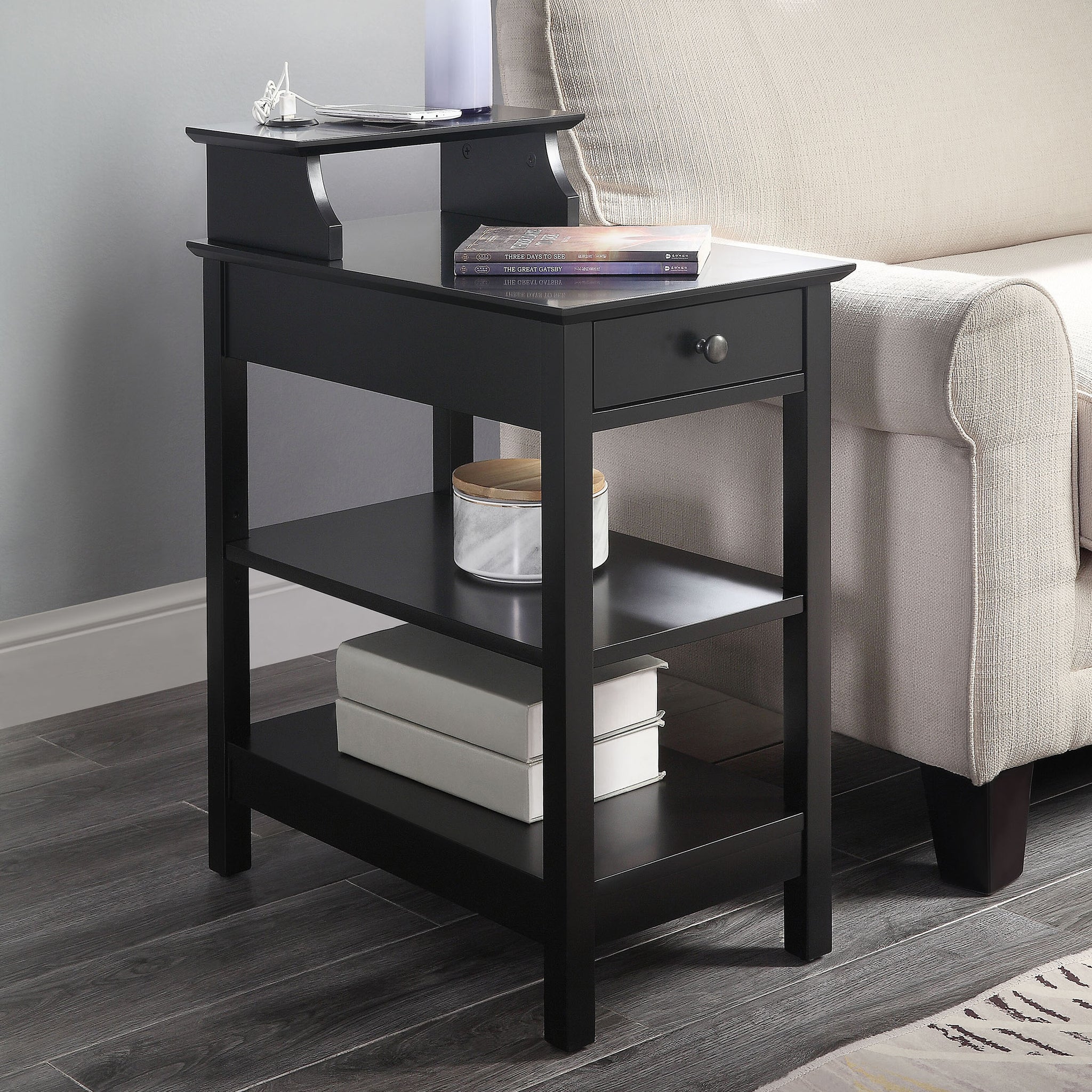 Black Storage Accent Table With Usb Black Primary Living Space Pine Drawers Rectangular Wood