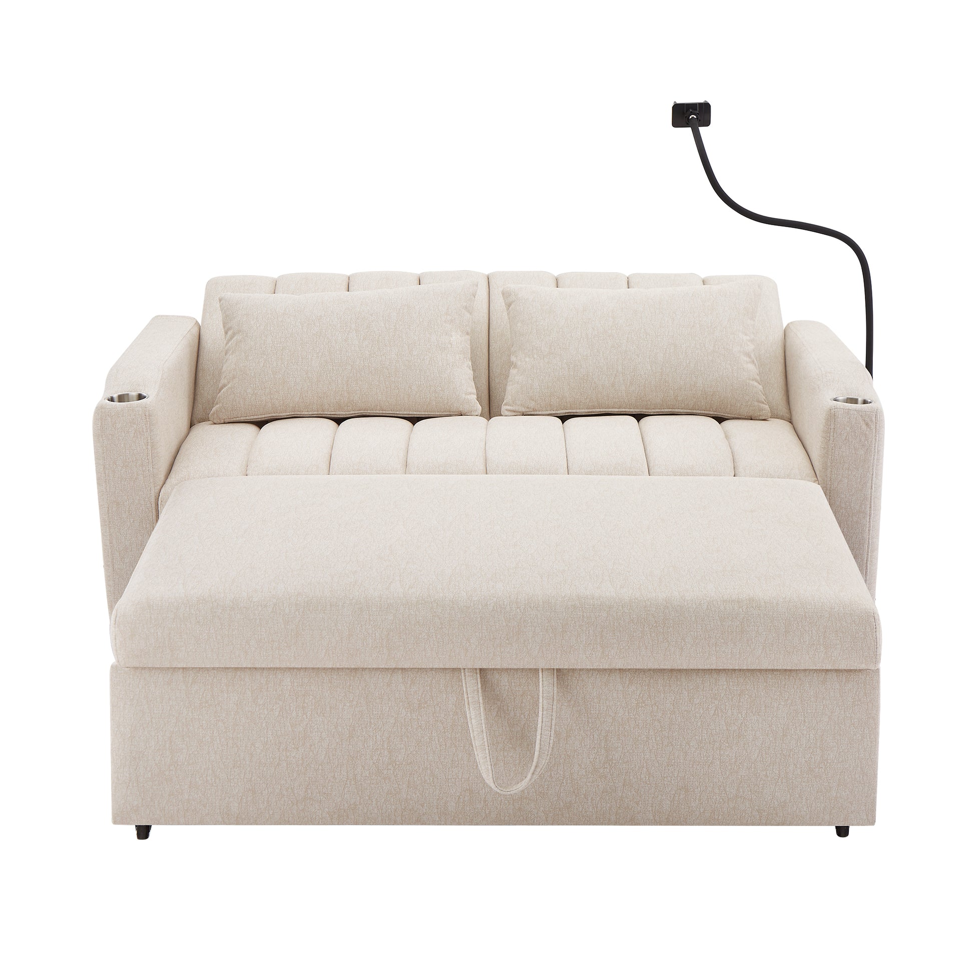 55.9" Convertible Sofa Bed Loveseat Sofa With Three Usb Ports, Two Side Pockets, Two Cup Holders And 360 Swivel Phone Holder For Living Room, Beige Beige Foam Polyester