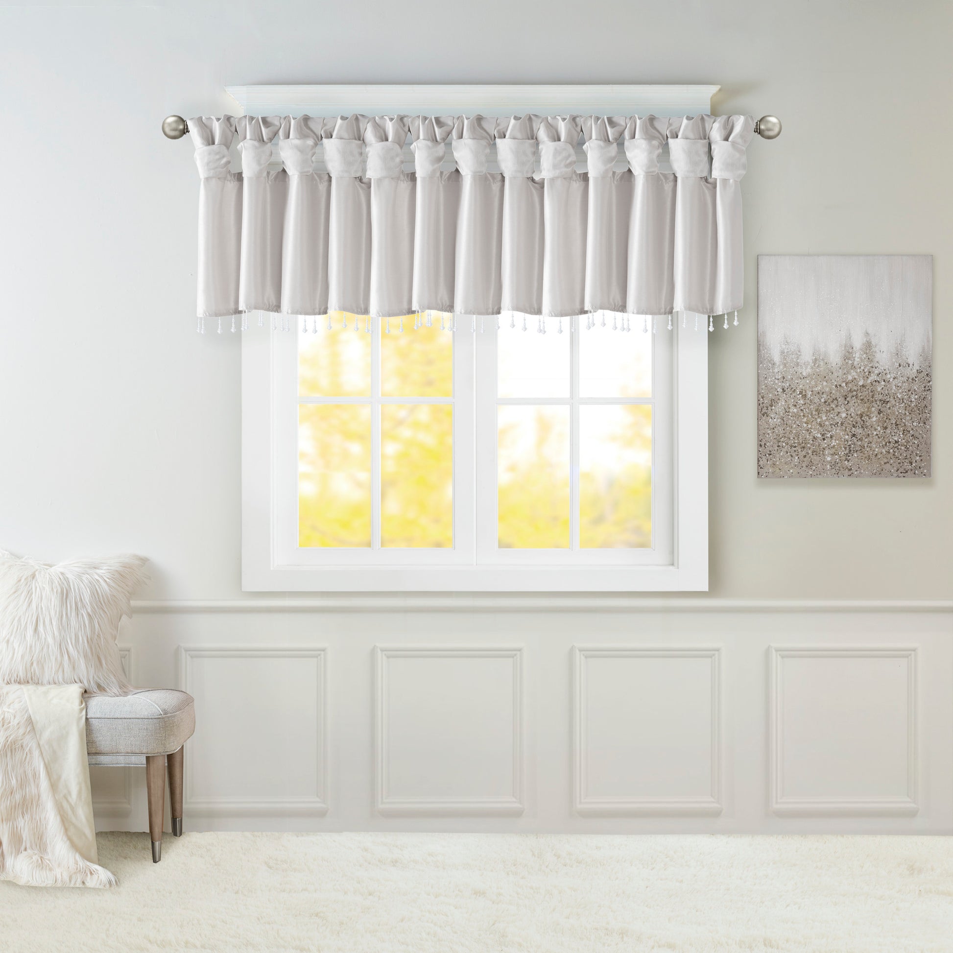 Lightweight Faux Silk Valance With Beads Silver 50X26" Silver Polyester