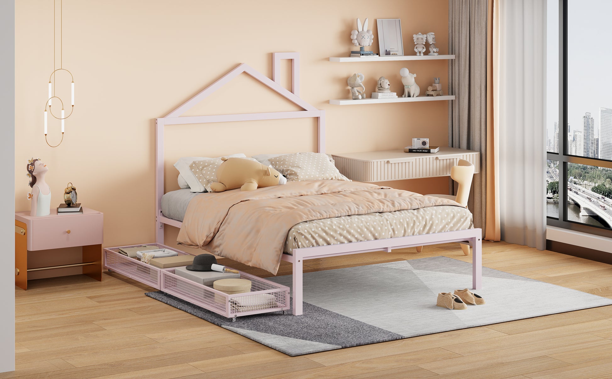 Full Size Metal Platform Bed With Two Drawers,House Shaped Headboard Design, Pink Full Pink Metal