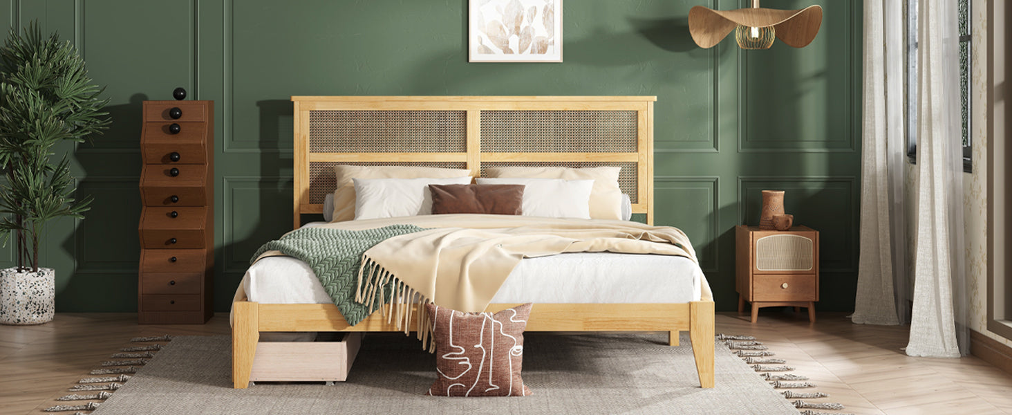 King Size Bed With Rattan Headboard, Two Storage Drawers, Rubber Wood Bed With Enhanced Support Salts And Feet,White Oak King White Oak Rubber Wood