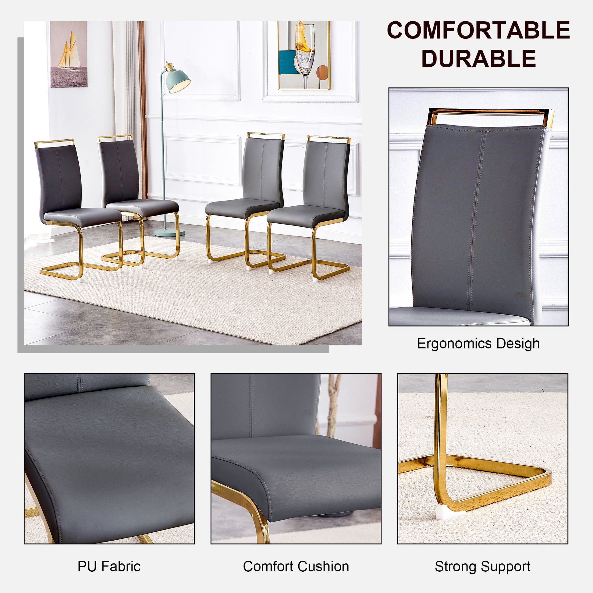 Table And Chair Set.Large Modern Rectangular Table With 0.4 Inch Patterned Glass Tabletop And Large Mdf Table Legs.Comes With 6 Chairs With Faux Leather Cushioned Seats And Golden Metal Legs. Gold White Seats 6 Mdf Glass
