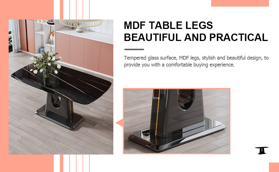 1 Table And 4 Chairs. Modern, Simple And Luxurious Black Imitation Marble Rectangular Dining Table And Desk With 4 Black Pu Gold Plated Leg Chairs 63'' X 35.4'' X 30'' Black Mdf