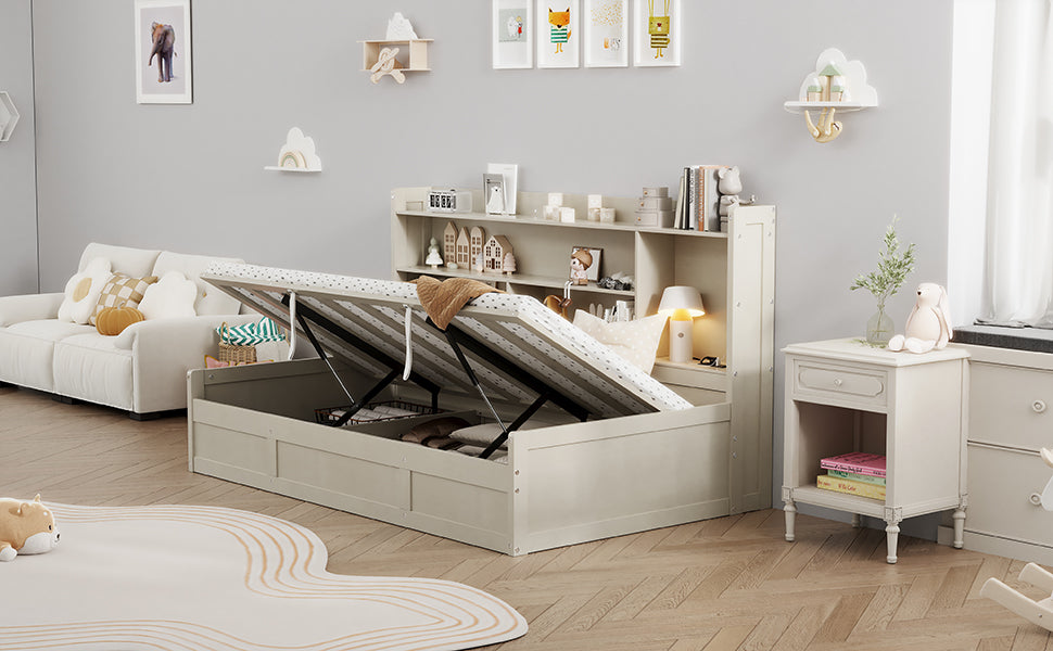 Twin Size Daybed Frame With Storage Bookcases And Underneath Storage, Usb Charging Station, Gray Twin Light Grey Solid Wood Mdf