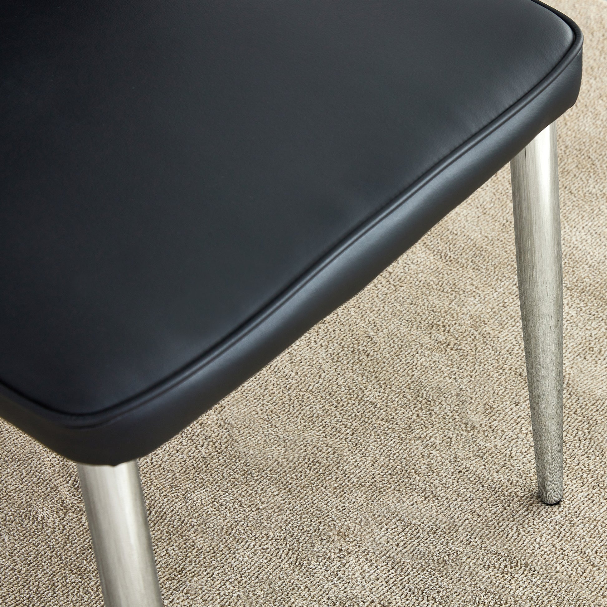 Table And Chair Set.Contemporary, Minimalist Rectangular Dining Table Featuring A Clear Tempered Glass Top And Sleek Silver Legs. Paried With Chairs Made Of Pu Material Cushion And Silver Metal Legs. Black Seats 8 Glass Metal