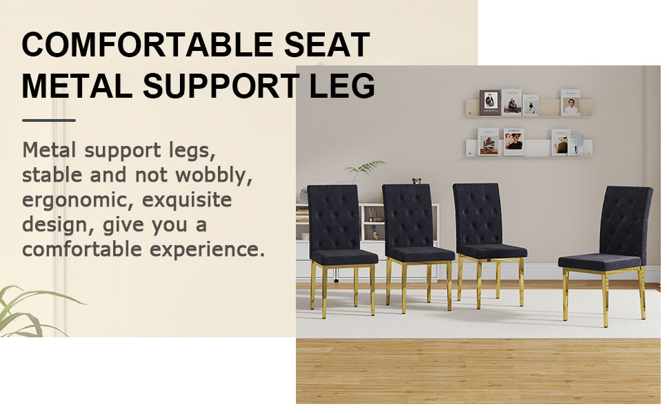 Table And Chair Set.Morden Luxurious Black Rectangular Patterned Dining Table With Glass Tabletop.Paried With 8 Dining Chairs, Modern Kitchen Upholstered High Backrest, Metal Leg. Black Gold Seats 8 Mdf Glass