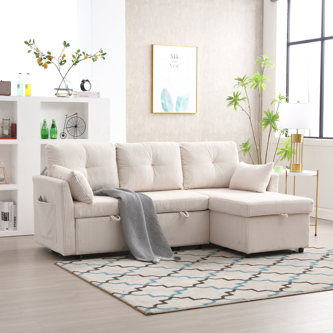 United We Win Furniture, Modular L Shaped Sofa, Modular Long Sofa With Reversible Chaise Lounge, Sofa Bed, Sleeper Sofa, Modular Sofa Combination With Storage Seats. Beige Velvet 3 Seat
