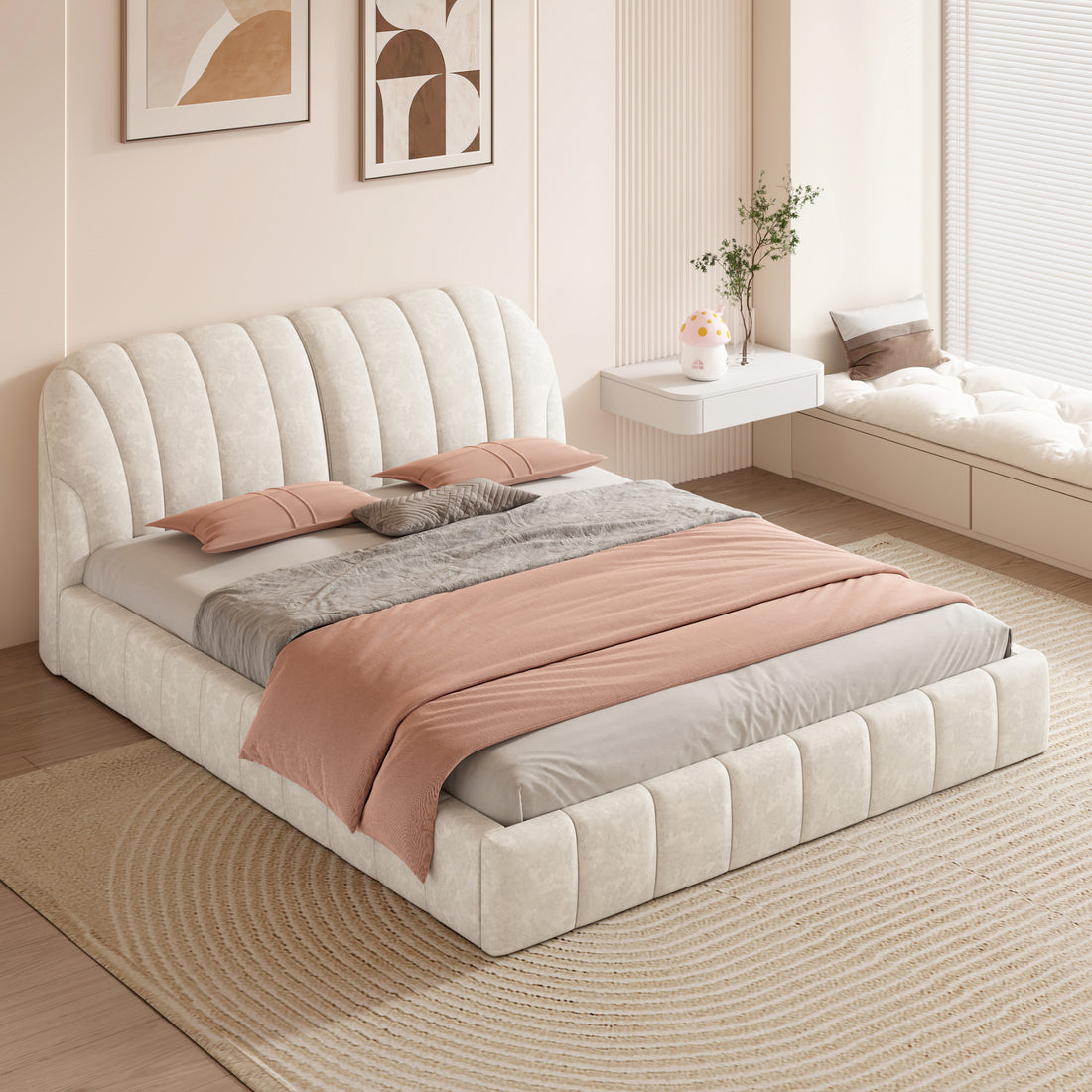 Queen Size Upholstered Platform Bed With Thick Fabric, Polyester, Beige Queen Beige Polyester