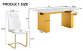 Table And Chair Set.Large Modern Rectangular Table With 0.4 Inch Patterned Glass Tabletop And Large Mdf Table Legs.Comes With 6 Chairs With Faux Leather Cushioned Seats And Golden Metal Legs. Gold White Seats 6 Mdf Glass
