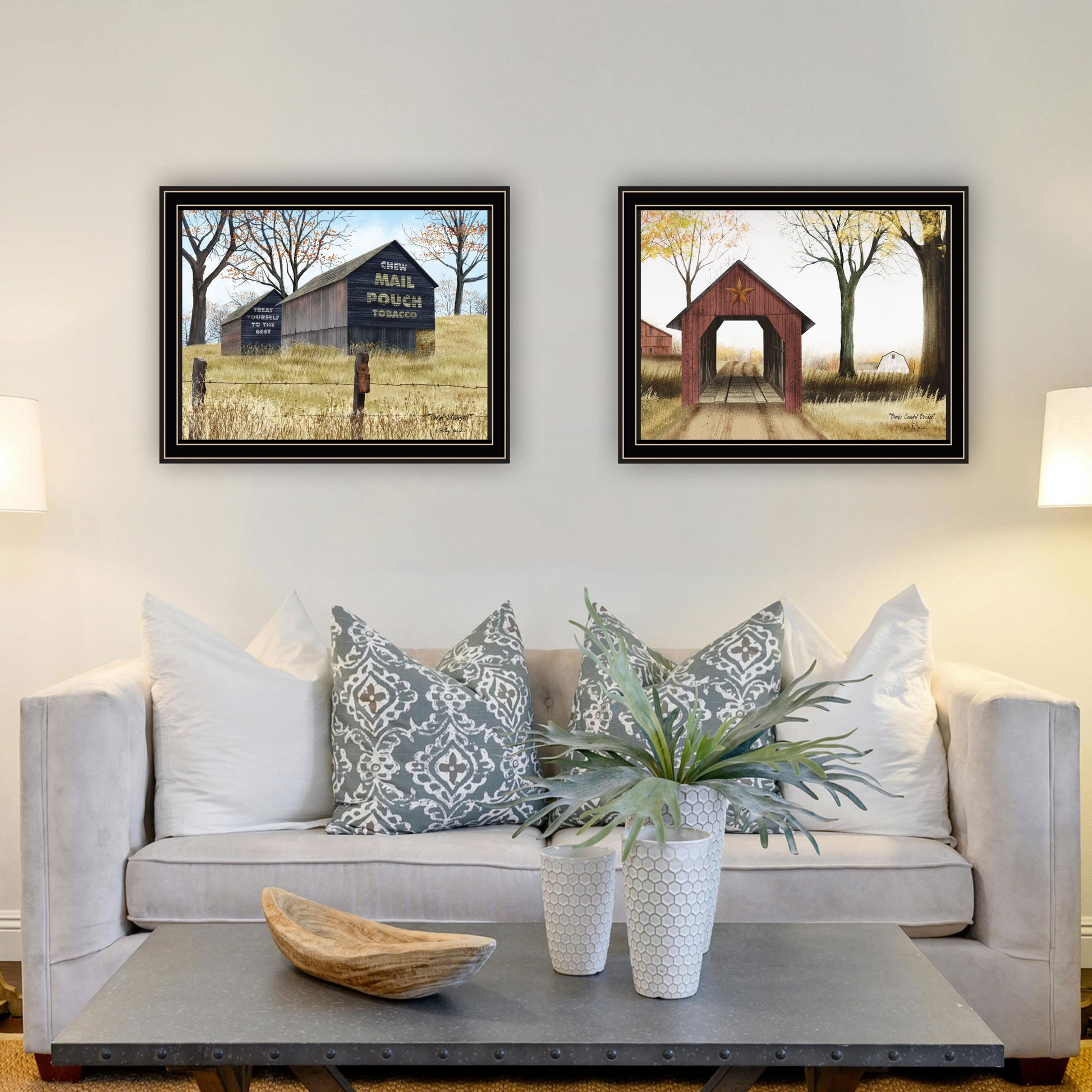 2 Piece Vignette Mail Pouch Barn & Buck County Bridge Black Framed Wall Art For Living Room, Bedroom Wall Art Print For Home Decor By Billy Jacobs Multicolor Wood Paper