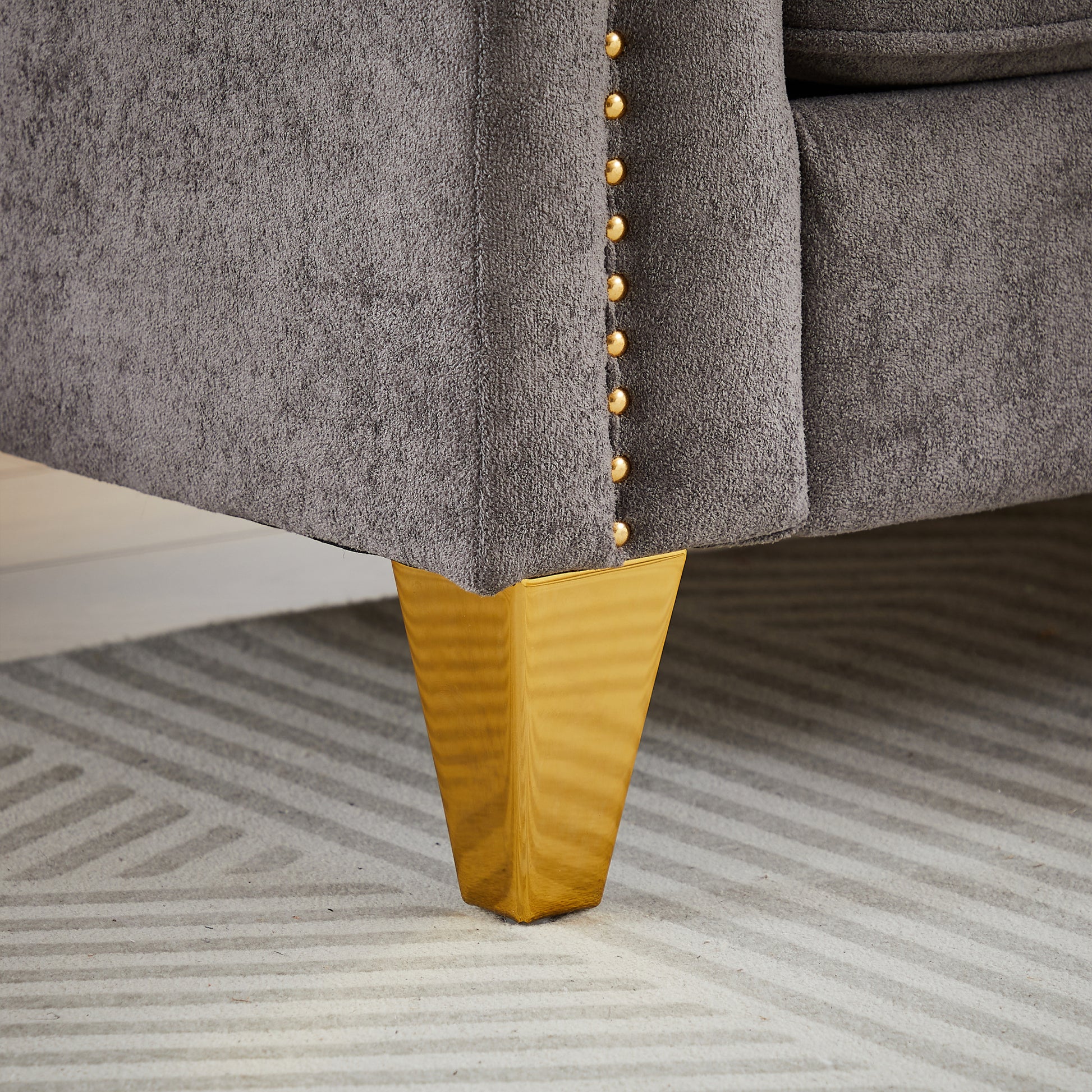 Fx 81"Mid Century Design Modern Sofa,Chenille Pull Buckle Design Sofa For Living Room,Buttons Tufted With Copper Nail Decoration Armrest, With 2 Pillows,Modern Couch Upholstered Button And Metal Leg Grey Chenille Pine Foam Fabric 3 Seat