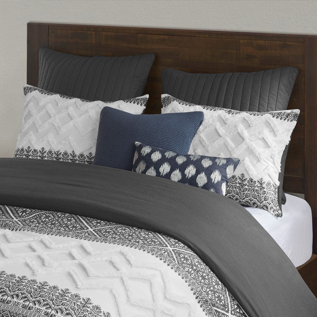 3 Piece Cotton Comforter Set With Chenille Tufting Gray Full Queen Queen Gray Cotton
