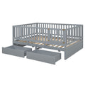 Full Size Wood Daybed With Fence Guardrails And 2 Drawers, Split Into Independent Floor Bed & Daybed, Gray Old Sku :Lp000882Aae Full Gray Solid Wood Mdf