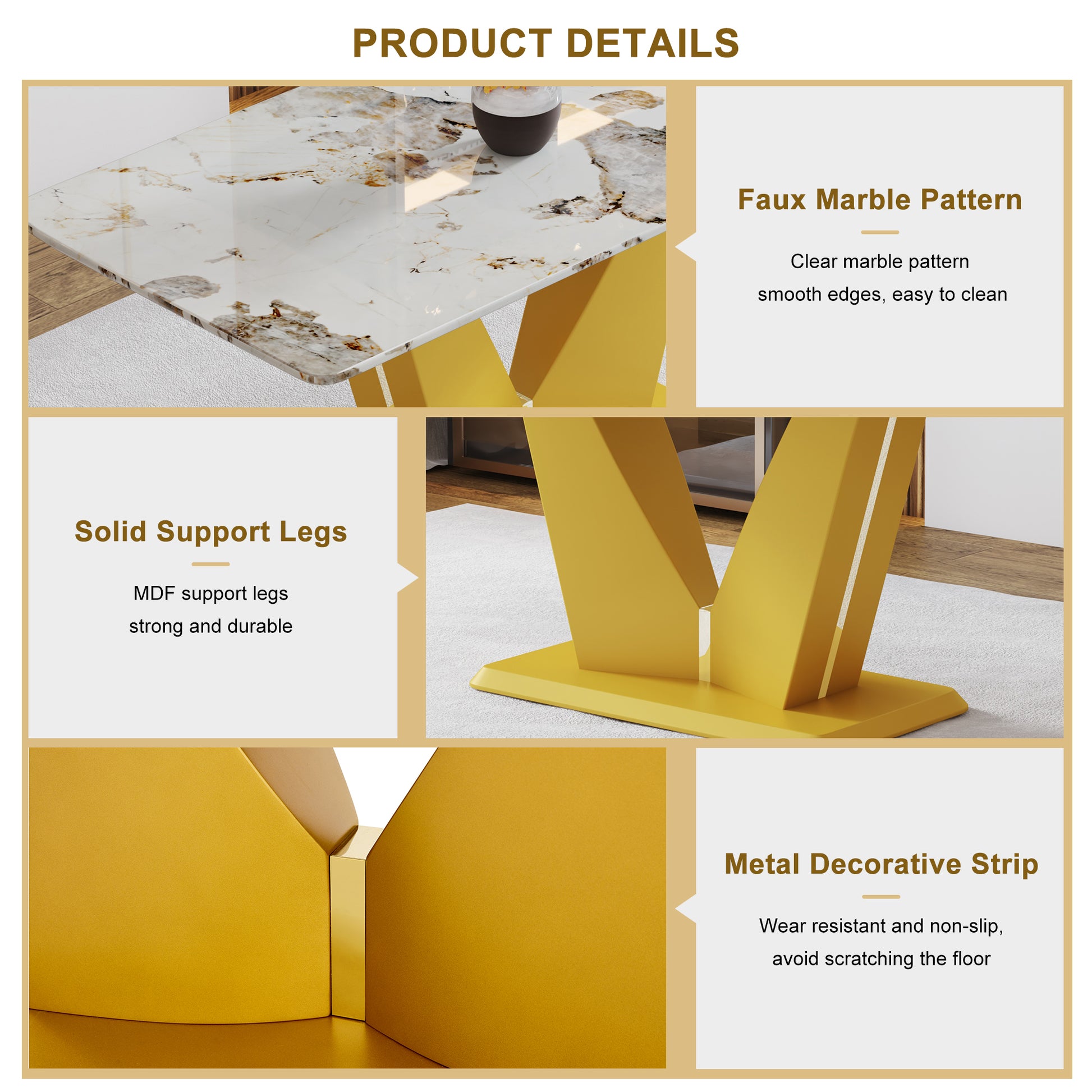 Modern Minimalist Rectangular Dining Table, 0.4 "Thick, Imitation Marble Patterned Glass Tabletop, Gold Mdf Legs. "71" * 35.4" *30" Gold Mdf Glass