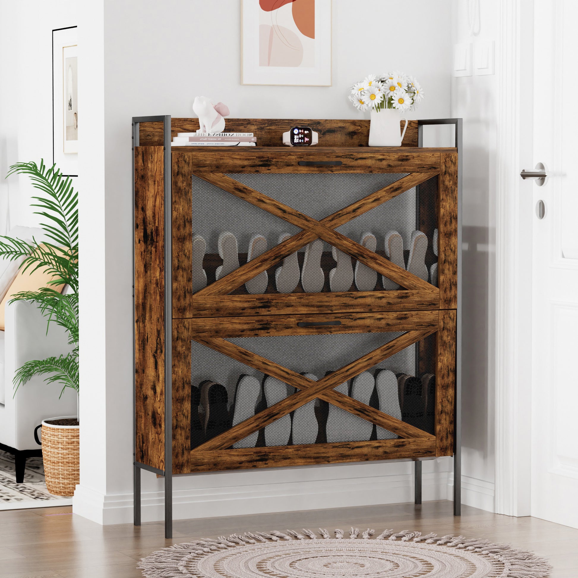 A Shoe Cabinet With 2 Flip Top Drawers, An Entryway Shoe Cabinet, A Narrow Standalone Shoe Rack Cabinet With Metal Legs, Rustic Brown,31.5'' W X 8.5'' D X 39.5'' H. Rustic Brown Particle Board