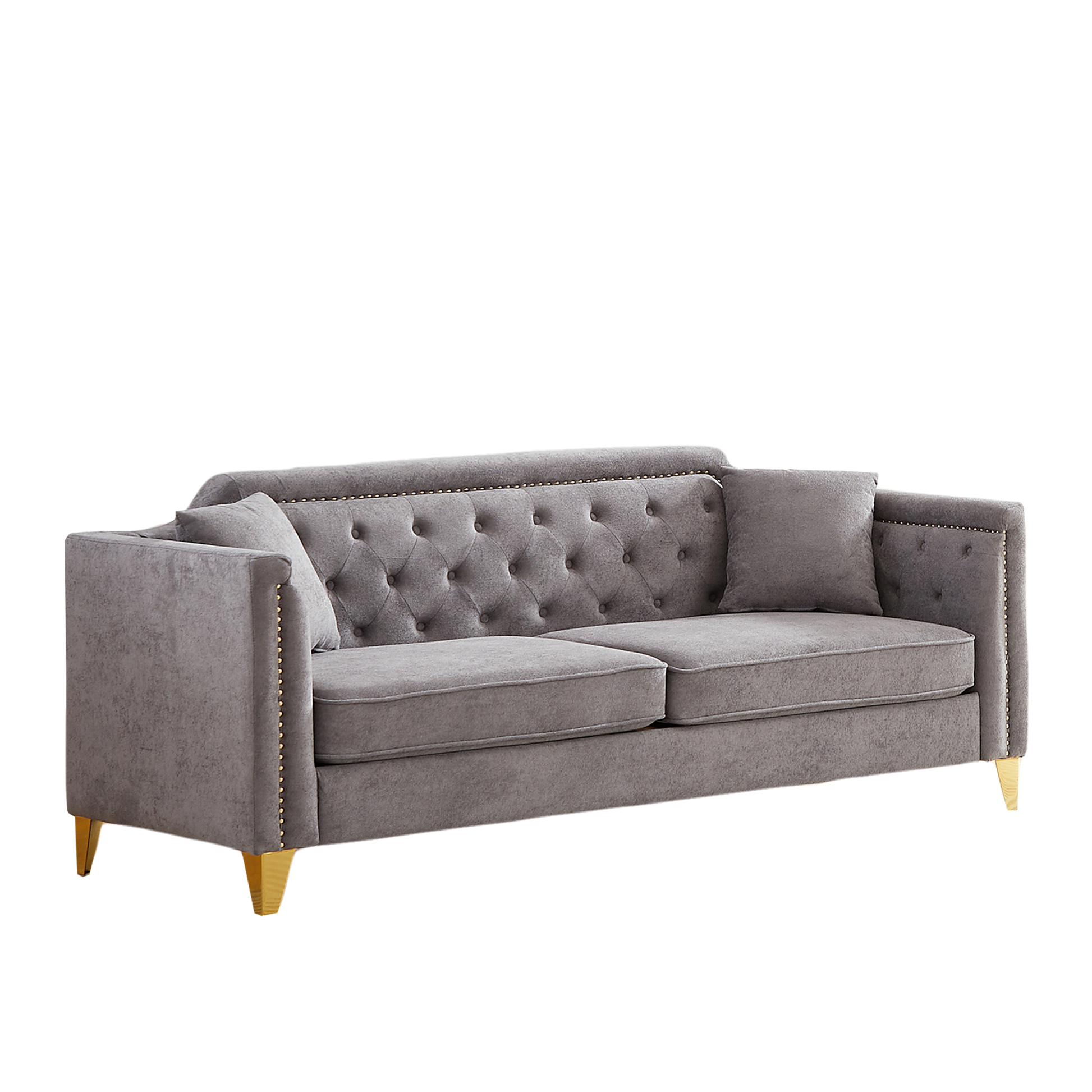 Fx 81"Mid Century Design Modern Sofa,Chenille Pull Buckle Design Sofa For Living Room,Buttons Tufted With Copper Nail Decoration Armrest, With 2 Pillows,Modern Couch Upholstered Button And Metal Leg Grey Chenille Pine Foam Fabric 3 Seat