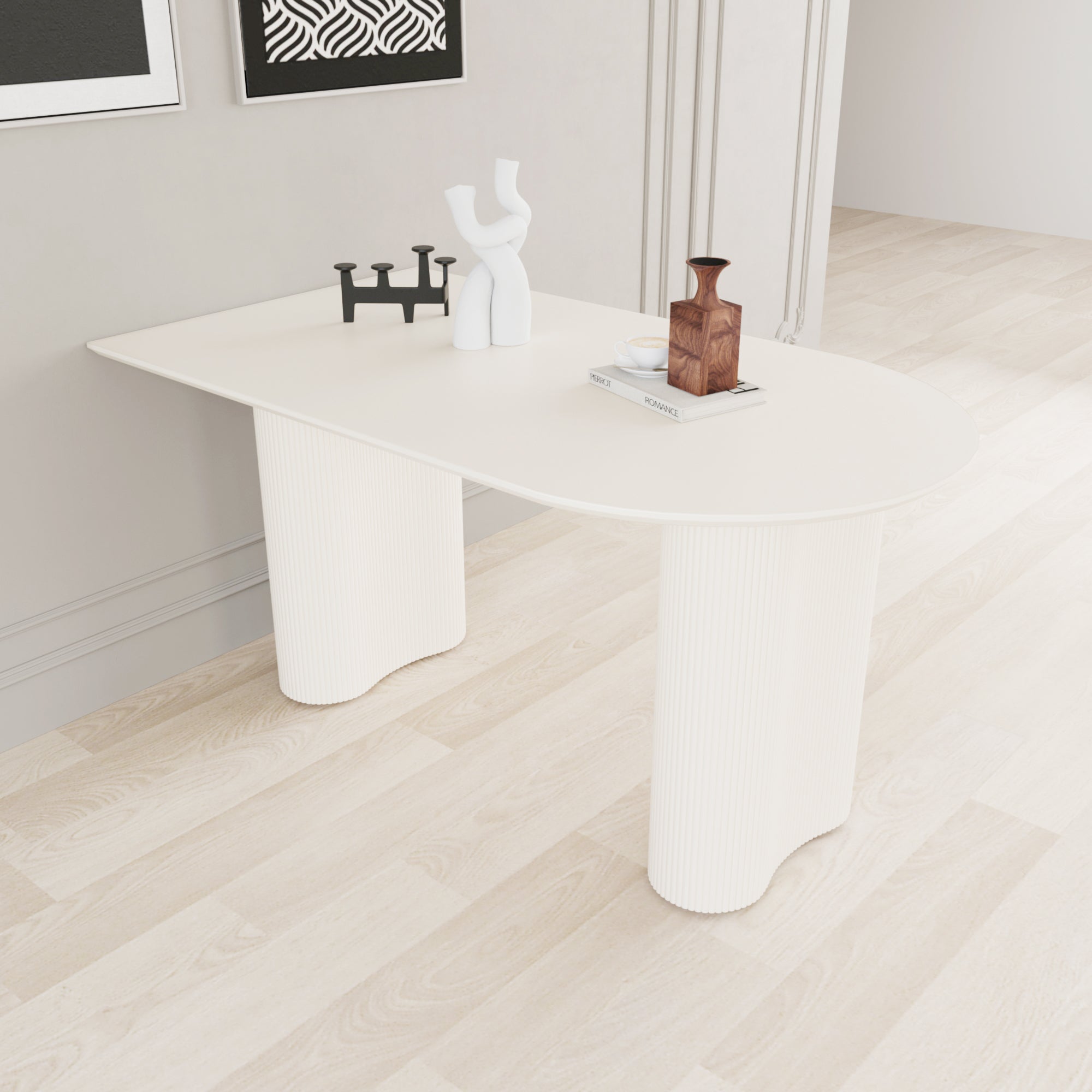 63 "Modern Fashion Mdf Cream Style Coffee Table And Irregular Side Table, 4 8 Person Dining Table, Thick Engineering Wood Round Wave Table Legs, Home Kitchen Thick Elegant Cream White Table Top Cream White Mdf