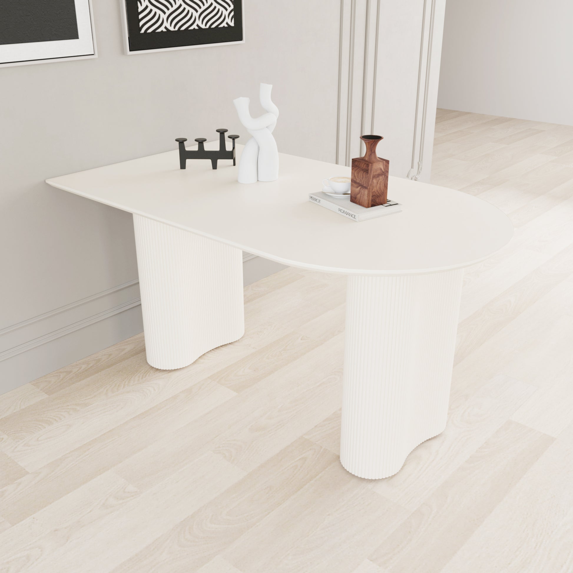 63 "Modern Fashion Mdf Cream Style Coffee Table And Irregular Side Table, 4 8 Person Dining Table, Thick Engineering Wood Round Wave Table Legs, Home Kitchen Thick Elegant Cream White Table Top Cream White Mdf