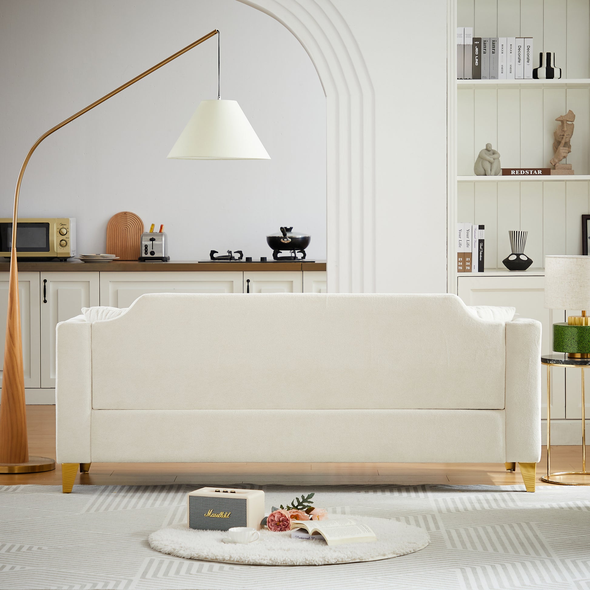 Fx 81"Mid Century Design Modern Sofa,Chenille Pull Buckle Design Sofa For Living Room,Buttons Tufted With Copper Nail Decoration Armrest, With 2 Pillows,Modern Couch Upholstered Button And Metal Leg Beige Chenille Pine Foam Fabric 3 Seat