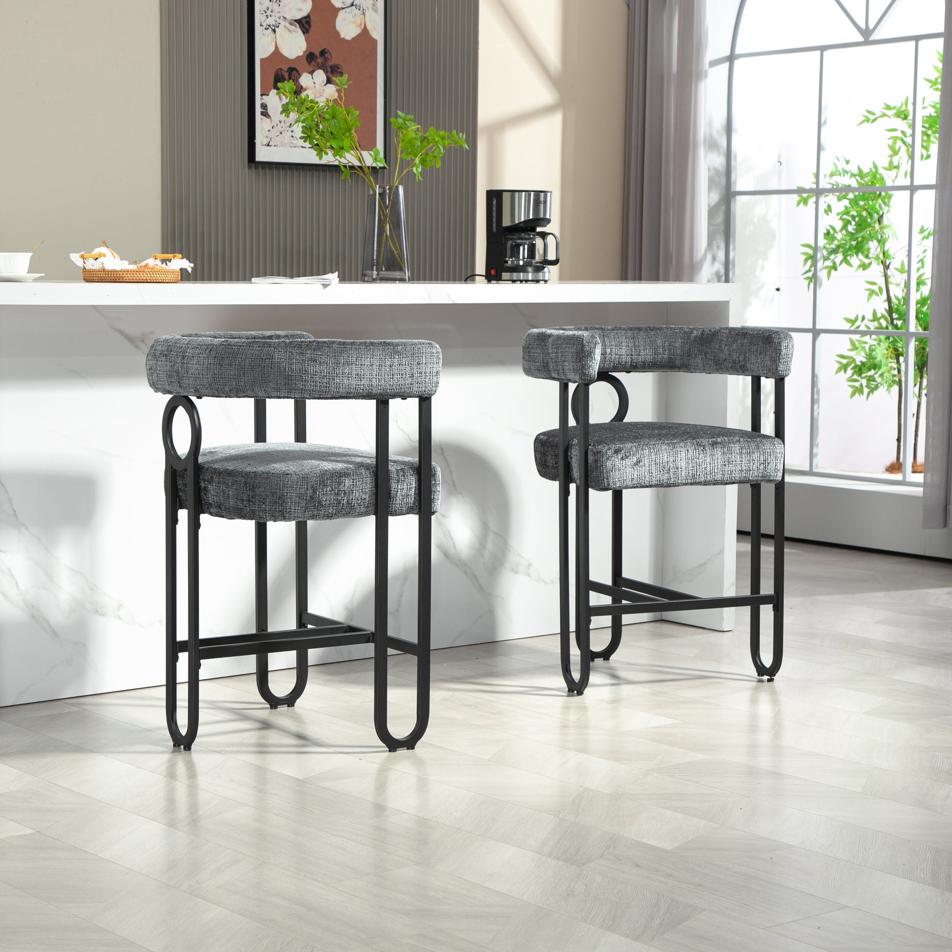 Coolmore Bar Stools Set Of 2, Modern Bar Stool With Back, Black Metal Frames, Upholstered Bar Stools For Kitchen Island, Pub, Club Gray Chenille Gray Dining Room Foam Chenille