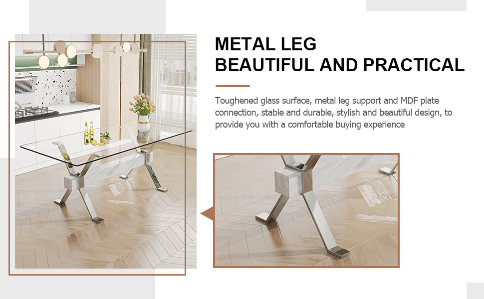 Dining Table. Modern Tempered Glass Dining Table. Large Modern Office Desk With Silver Plated Metal Legs And Mdf Crossbars, Suitable For Both Home And Office Use. Kitchen. 71 ''X35.4''X30 '' 1105 Transparent Glass