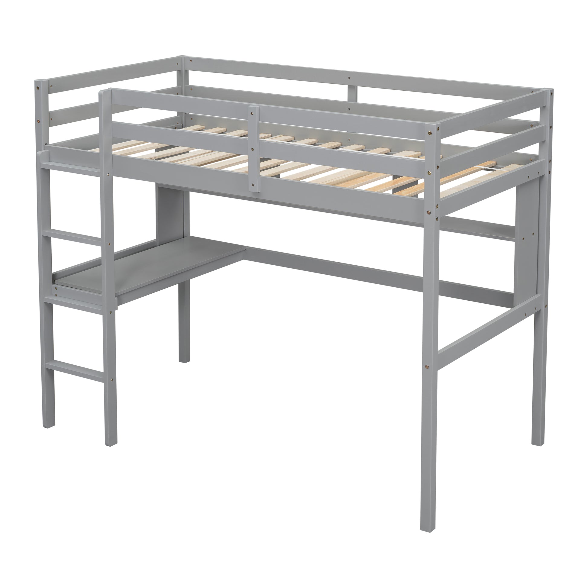 Twin Size Loft Bed With Desk And Shelves, Safety Guardrail And Ladder,Grey Twin Grey Pine