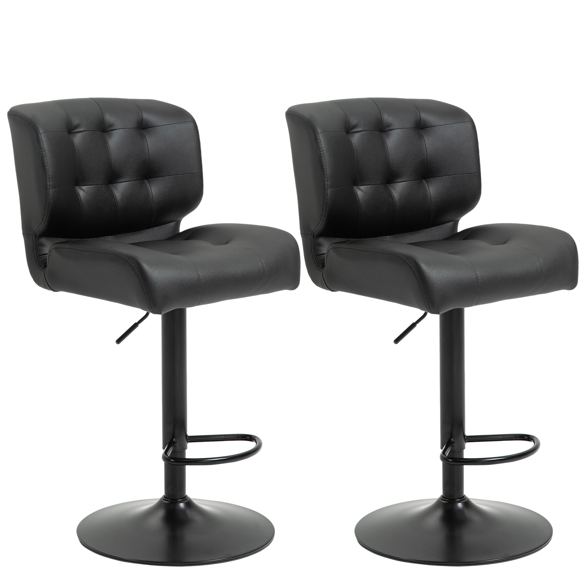 Homcom Bar Height Bar Stools Set Of 2 With Adjustable Seat, Thick Padded Cushion And Metal Footrest For Home Bar, Black Black Metal