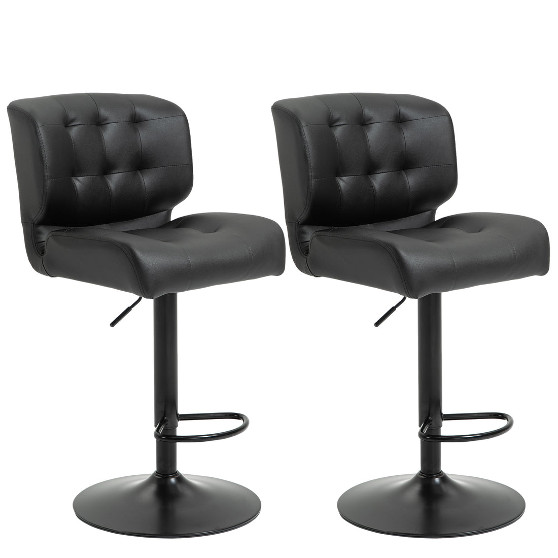 Homcom Bar Height Bar Stools Set Of 2 With Adjustable Seat, Thick Padded Cushion And Metal Footrest For Home Bar, Black Black Metal