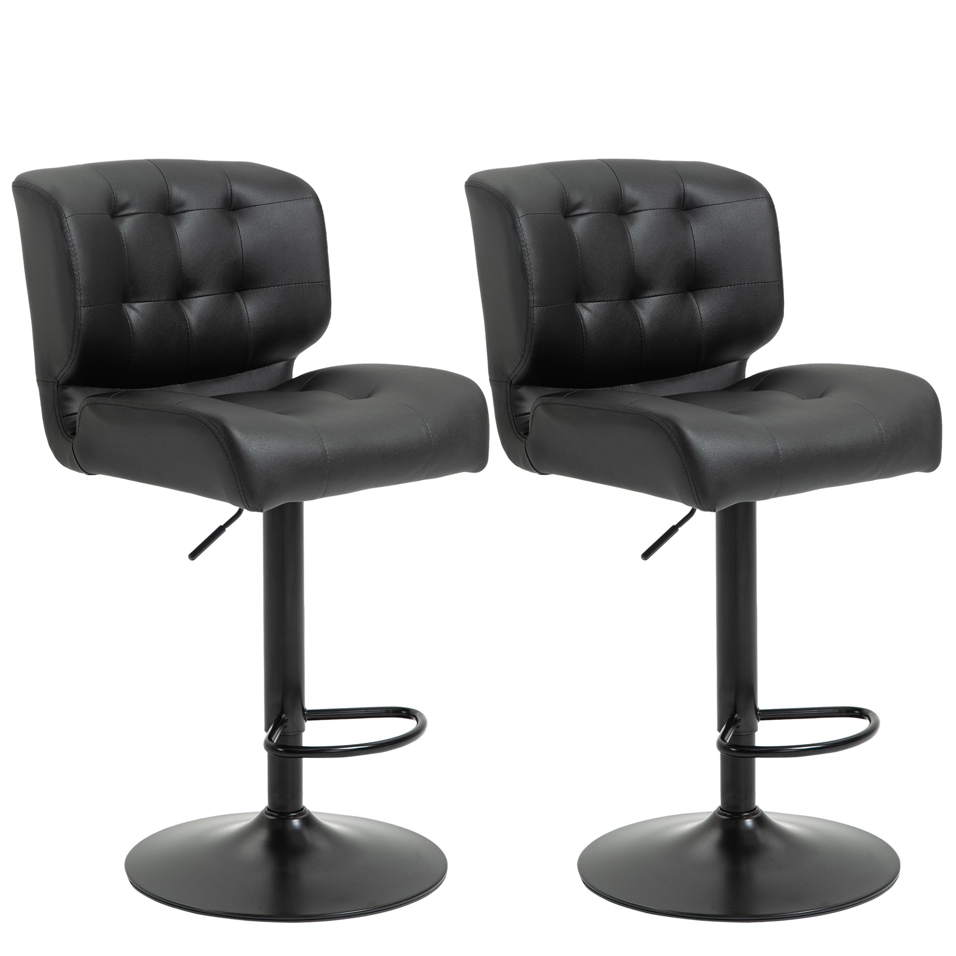 Homcom Bar Height Bar Stools Set Of 2 With Adjustable Seat, Thick Padded Cushion And Metal Footrest For Home Bar, Black Black Metal