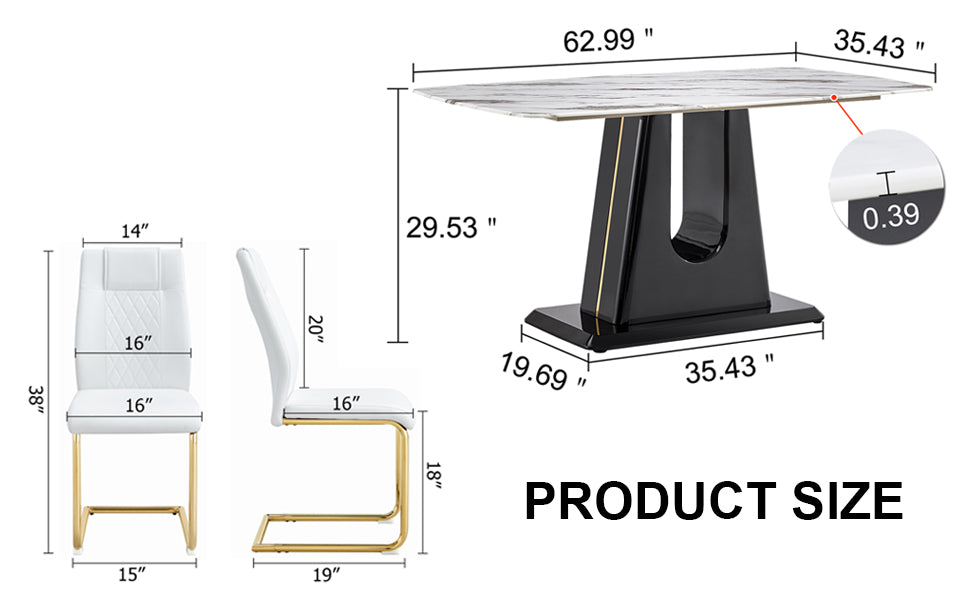 Table And Chair Set, Modern And Minimalist Dining Table, Imitation Marble Patterned Tabletop, Mdf Legs With U Shaped Brackets. Paired With Comfortable Chairs, Suitable For Dining And Living Rooms. Black Gold Mdf Glass