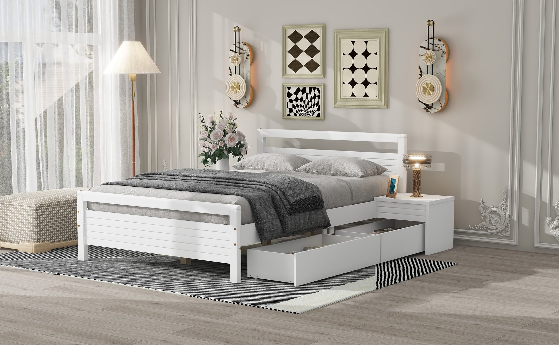 Full Size Wooden Platform Bed With 2 Storage Drawers And 2 Bedside Tables, White Full White Pine