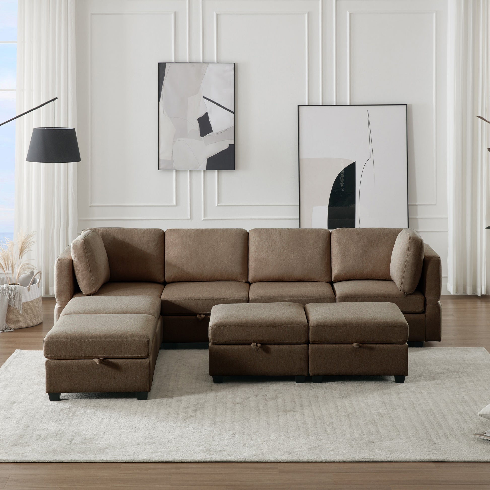 Adjustable Arms And Backs Sectional Sofa, Modern Sectional Couch U Shaped Sofa Couch With Storage Ottoman, Sofa With Convertible Chaise Brown Brown Polyester 4 Seat