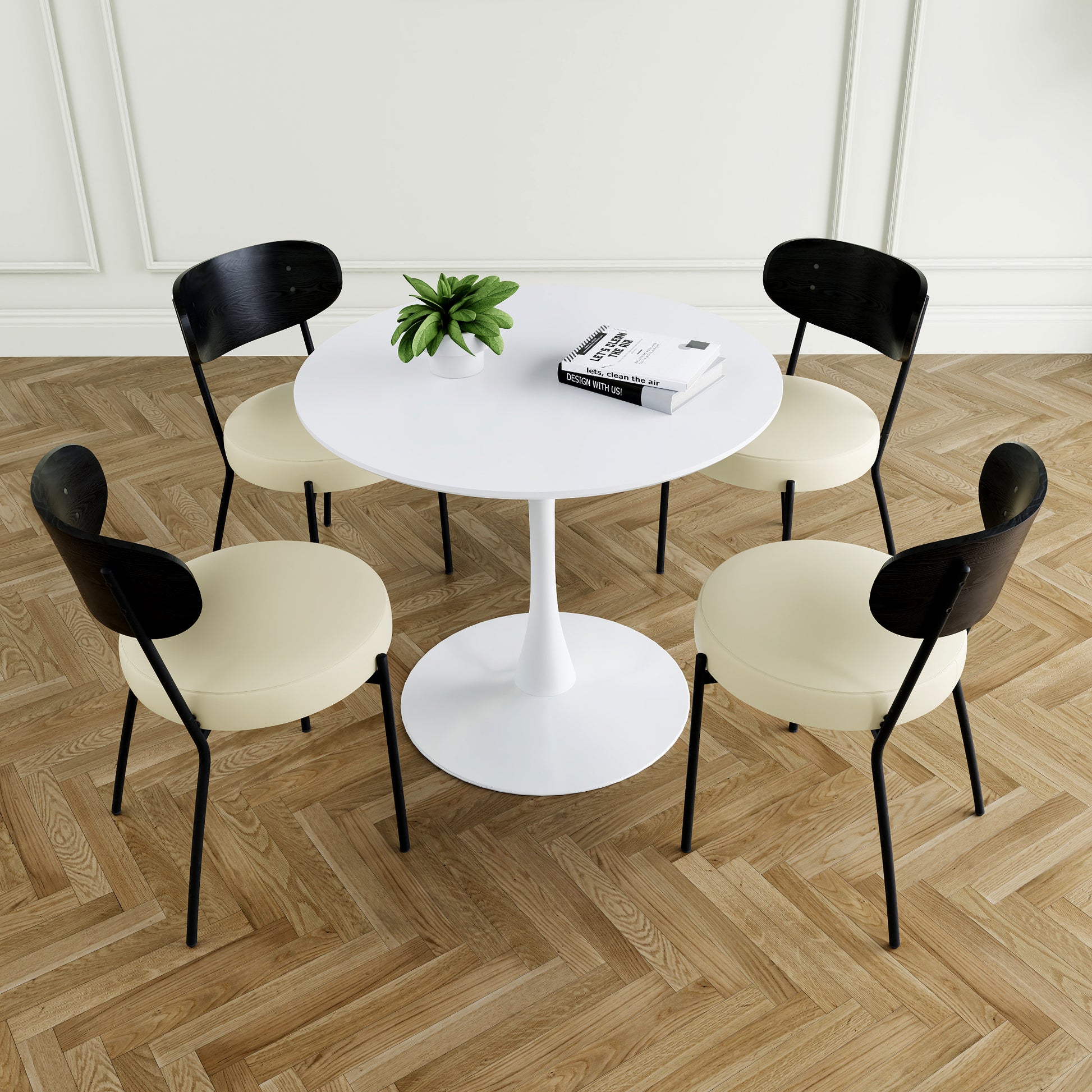 Modern Grey Simple Pu Dining Chair Upholstered Chair Family Bedroom Stool Back Dressing, White Round Table Set, Bentwood Covered With Ash Veneer Chair Back, Chair Black Metal Legs Set Of 5 White Mdf