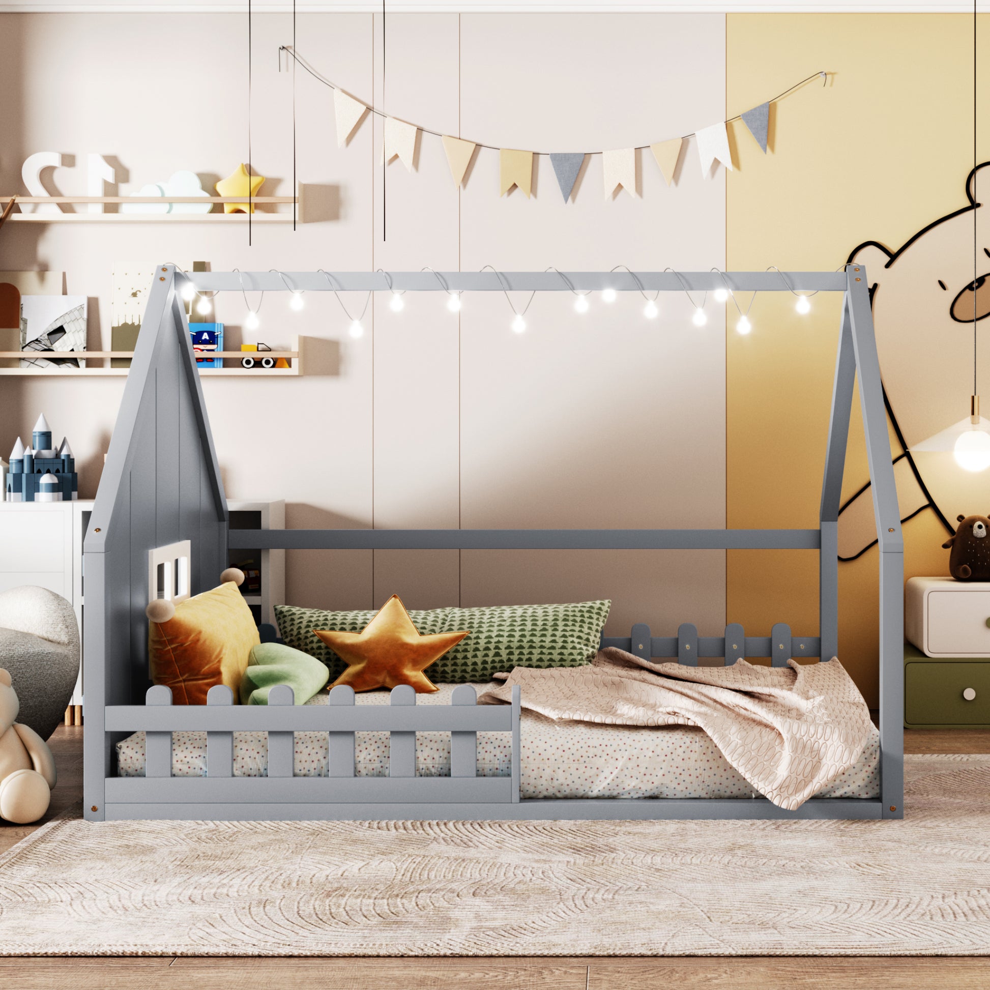 Full Size Wood House Bed With Window And Fence, Gray Old Sku: Wf304147Aae Box Spring Not Required Full Gray Wood Bedroom Pine Bed Frame Solid Wood Mdf