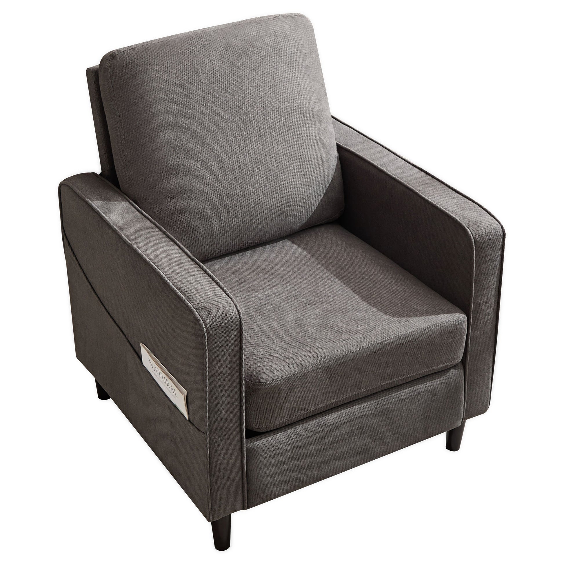 Mid Century Accent Chair ,Modern Linen Fabric Armchair For Living Room,Double Side Pockets, Comfortable And Padded Reading Feature Sofa Chair, Suitable For Bedrooms, Living Rooms, And Offices Dark Grey Linen