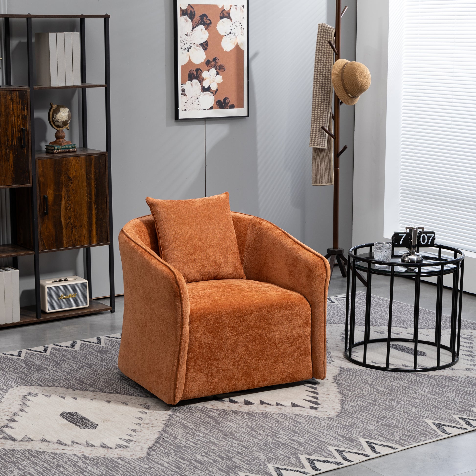 Mid Century Modern Accent Chair With Wood Frame, Upholstered,Swivel Chairs For Living Room Chairs With Waist Cushion, Reading Armchair For Bedroom Sunroom Brown Modern Foam Velvet