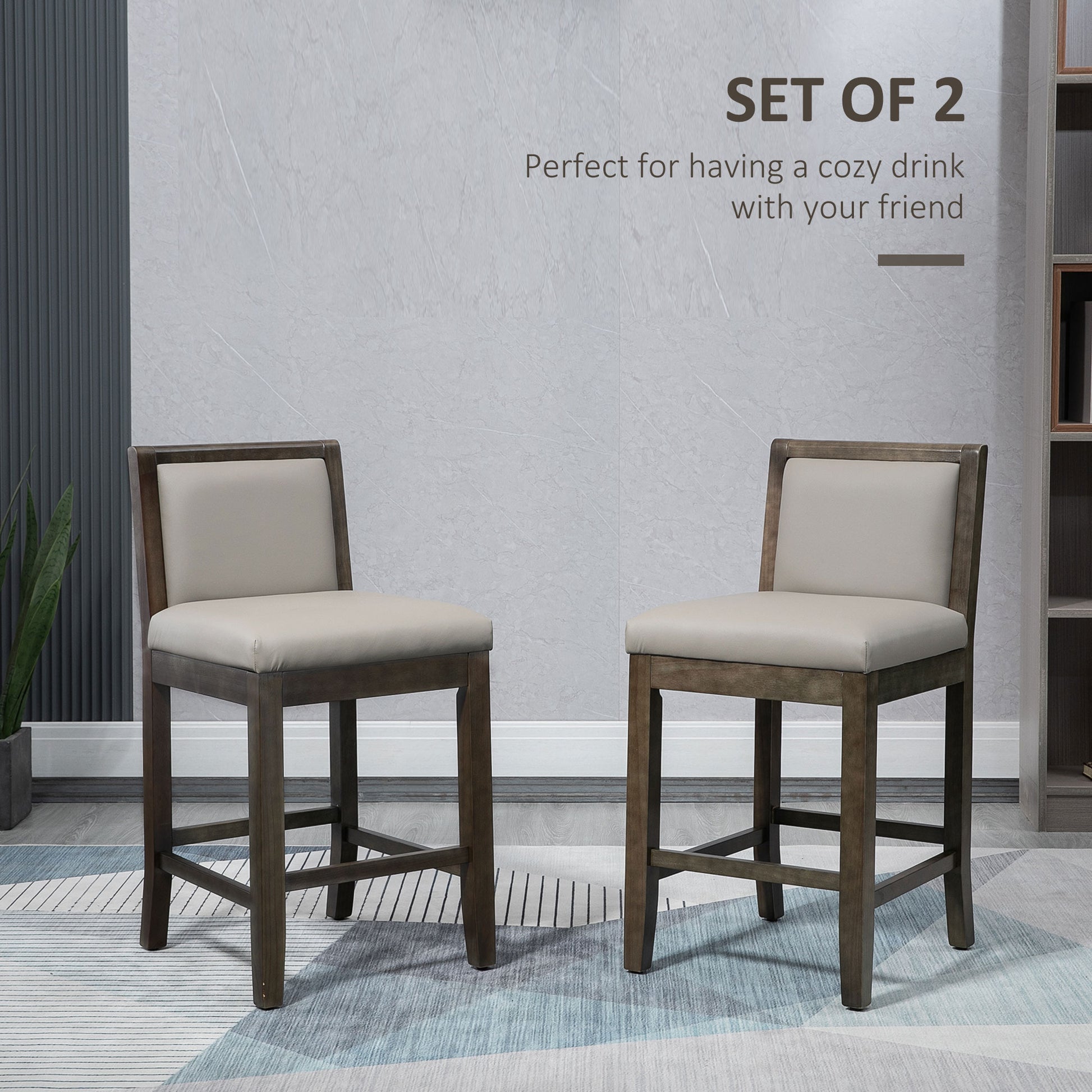 Homcom 25.5" Counter Height Bar Stools Set Of 2, Pu Leather Kitchen Stool, Upholstered Bar Chairs With Back, Wood Legs, Grey Grey Rubber Wood