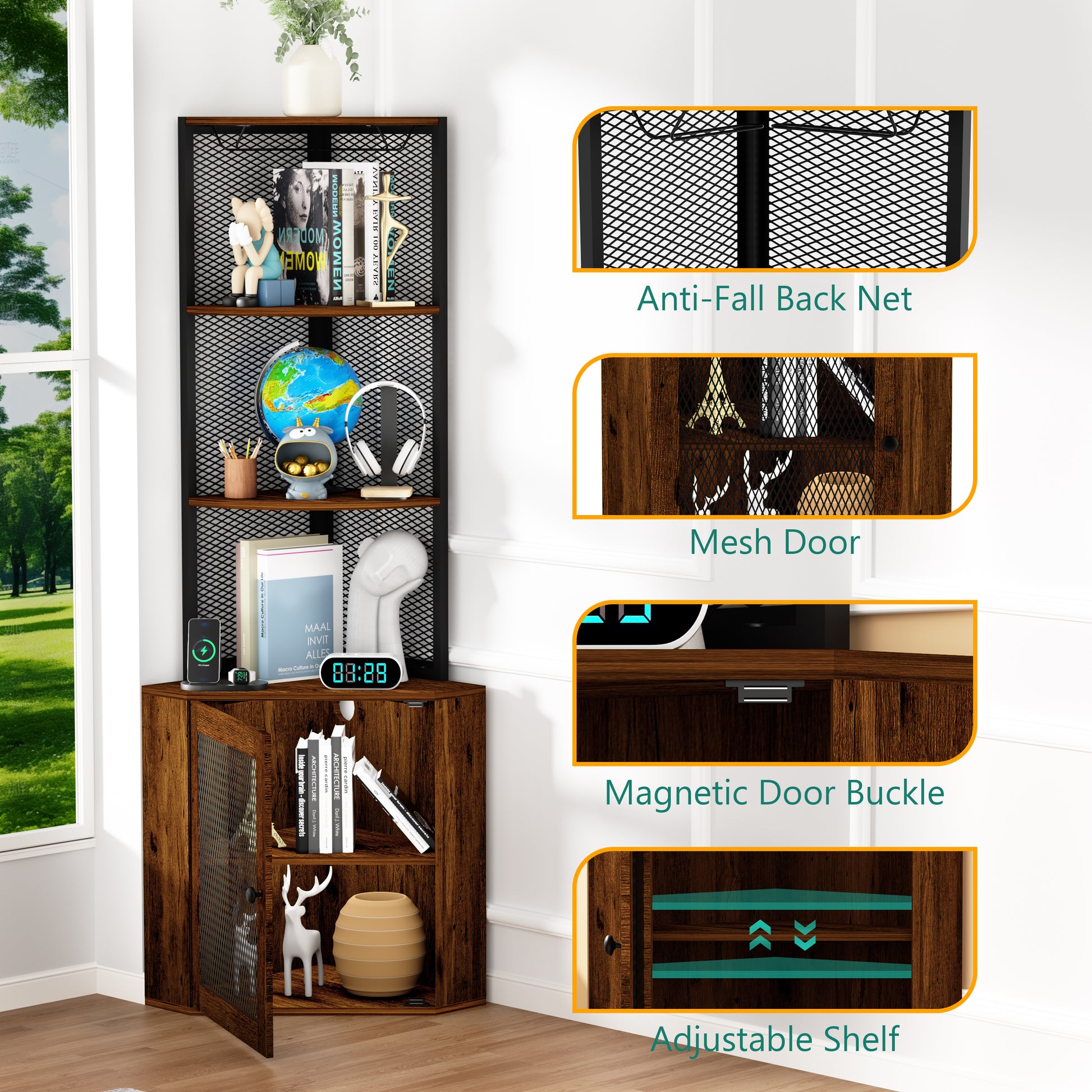 Corner Shelf With Doors, 65" Corner Cabinet With Shelves & Wine Glass Rack, 6 Tier Bookshelf Display Corner Shelves, Freestanding Corner Storage Stand For Kitchen, Living Room, Balcony Rustic Brown