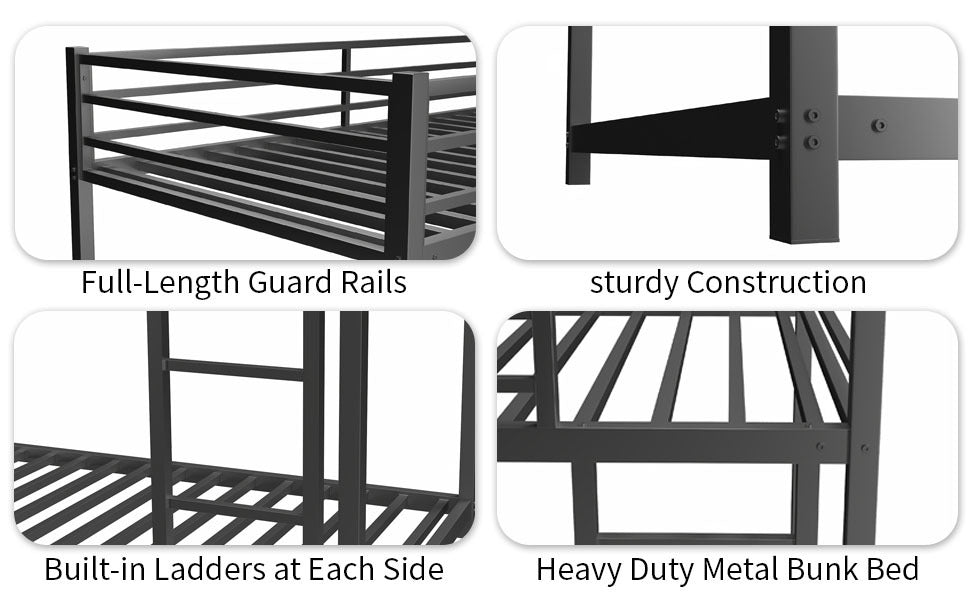 Metal Twin Over Full Bunk Bed Heavy Duty Sturdy Metal Noise Reduced Safety Guardrail No Box Spring Needed,Black Twin Black Metal Metal