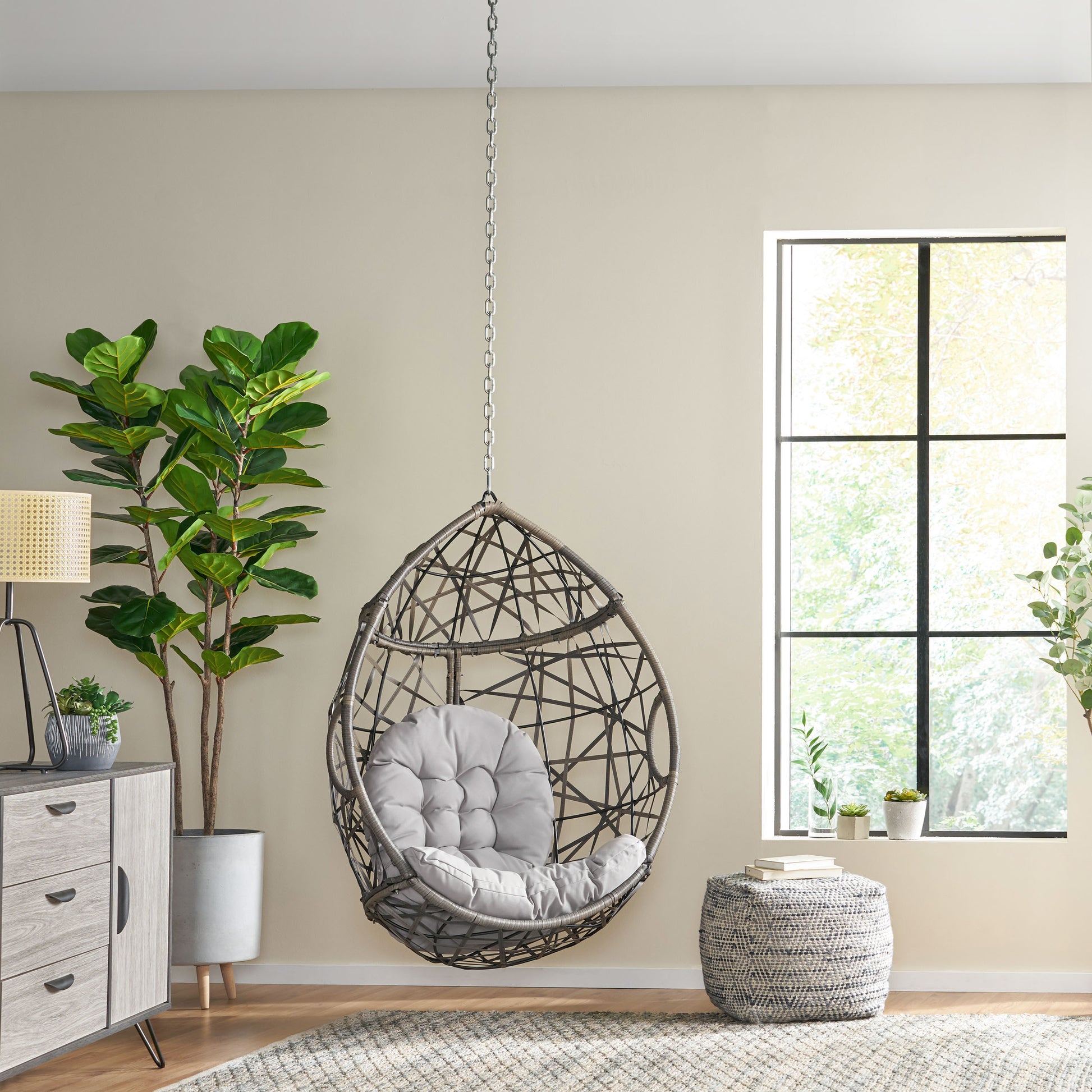 Los Alamitos Hanging Chair With 8Ft Chain Grey Pe Rattan Iron Waterproof Fabric