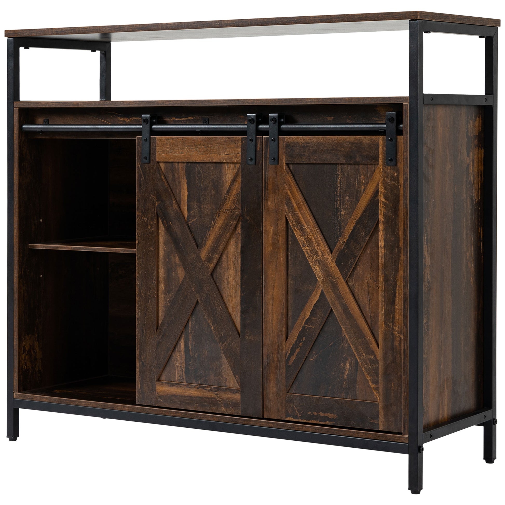 Homcom Industrial Sideboard Buffet Cabinet, Kitchen Cabinet With Sliding Barn Doors, Coffee Bar Cabinet With Stemware Racks, Drawer And Adjustable Shelves, Rustic Brown Rustic Brown Mdf Steel