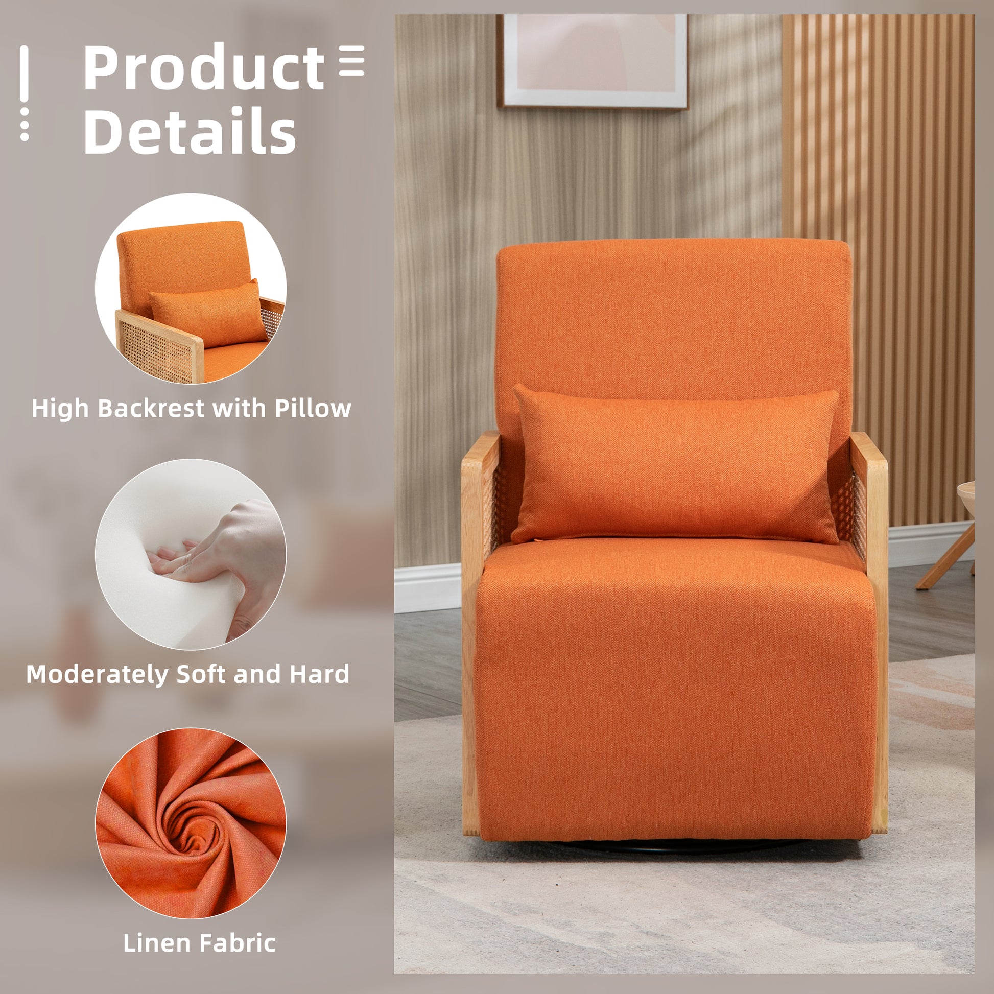 Coolmore 360 Degree Swivel Barrel Club Chair With One Pillow,Modern Comfortable Upholstered Accent Chair,Linen Accent Chair For Living Room,Bedroom Orange Linen Orange Primary Living Space Modern Foam Linen