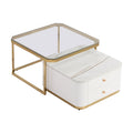 Modern 2 Pieces White Square Nesting Coffee Table With Drawers & Electroplated Gold Legs In 27.6'' Golden White Square Drawers Coffee & End Tables Glossy Square Mdf Glass Mdf Pedestal
