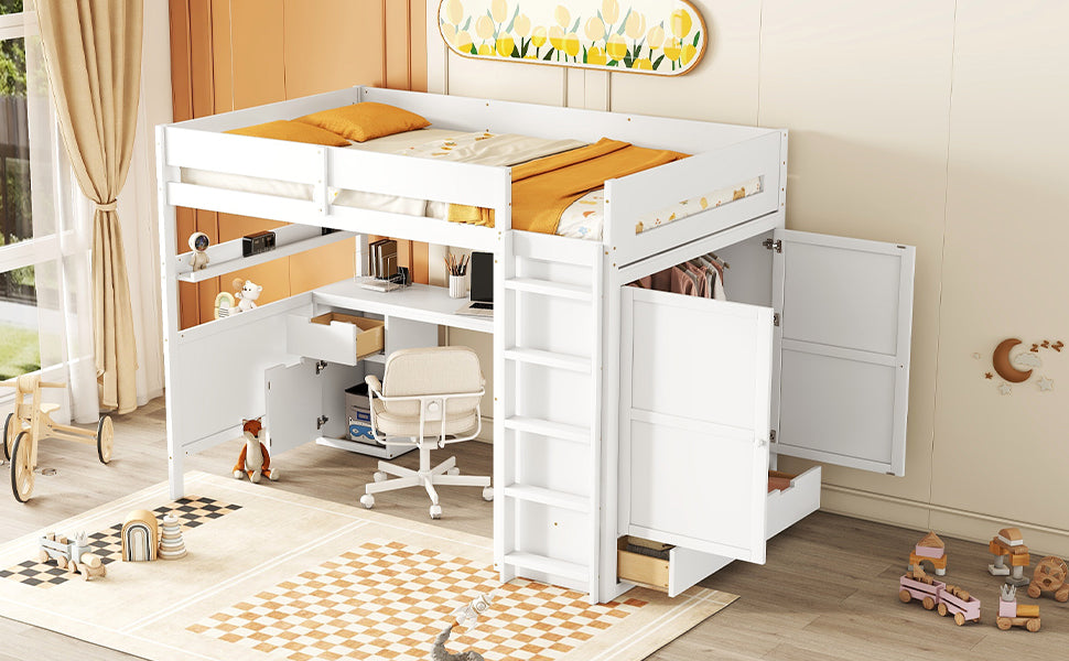 Full Size Wooden Loft Bed With Wardrobe, Desk, Drawers, Shelves, White Full White Plywood